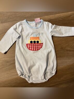 Striped Light Blue Baby One-Piece with Appliqué Boat